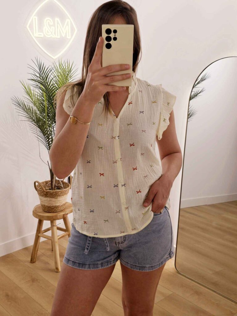 Chemise sans manches à volants – Imprimé petits nœuds multicolores