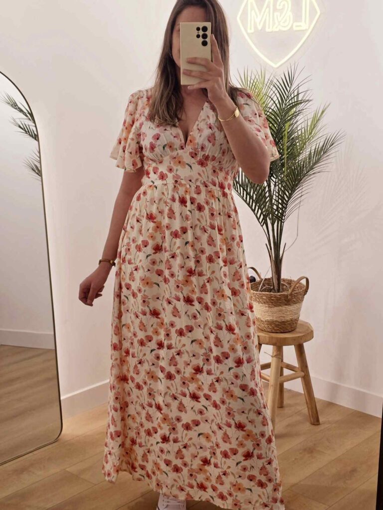 Robe longue imprimée fleurs – Décolleté V, manches courtes & doublure