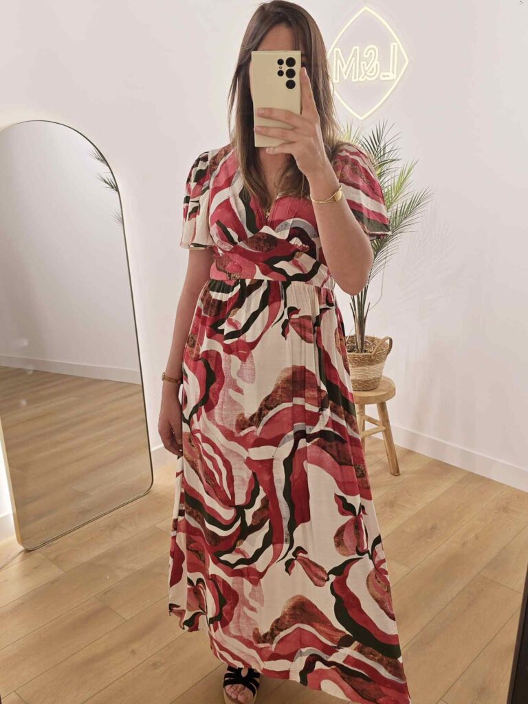 Robe longue imprimée – Manches courtes, décolleté V