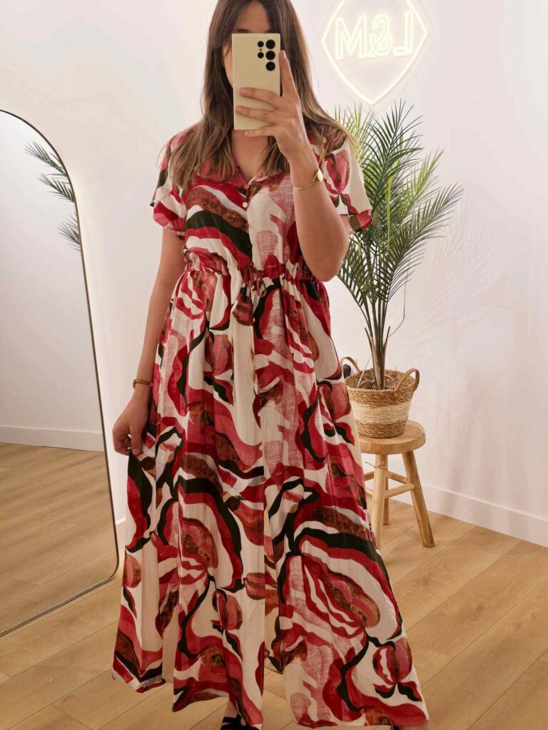 Robe longue imprimée grande taille – Décolleté V, boutonnée & ceinture à nouer