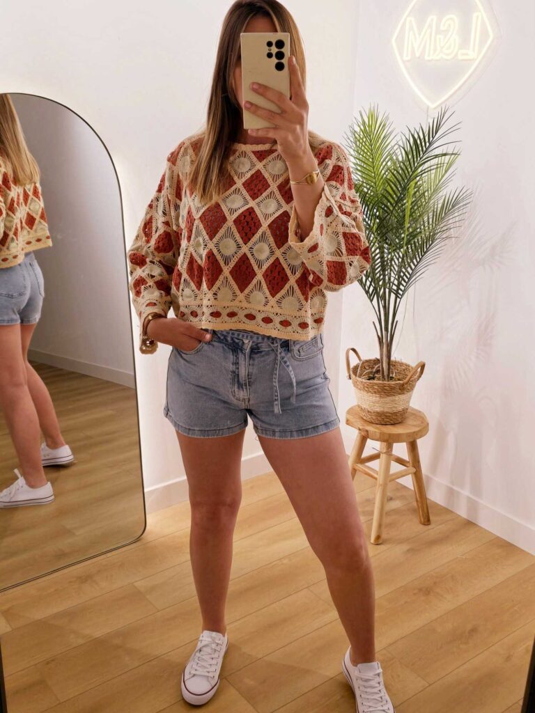 Haut crochet terracota et vert d'eau