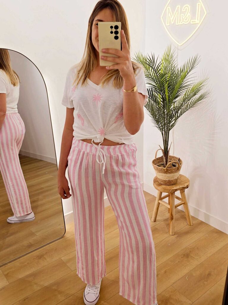 Pantalon gaze de coton rayures larges