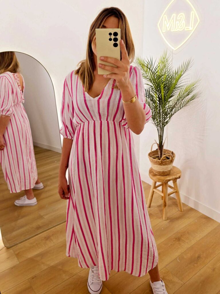 Robe longue rayée gaze de coton