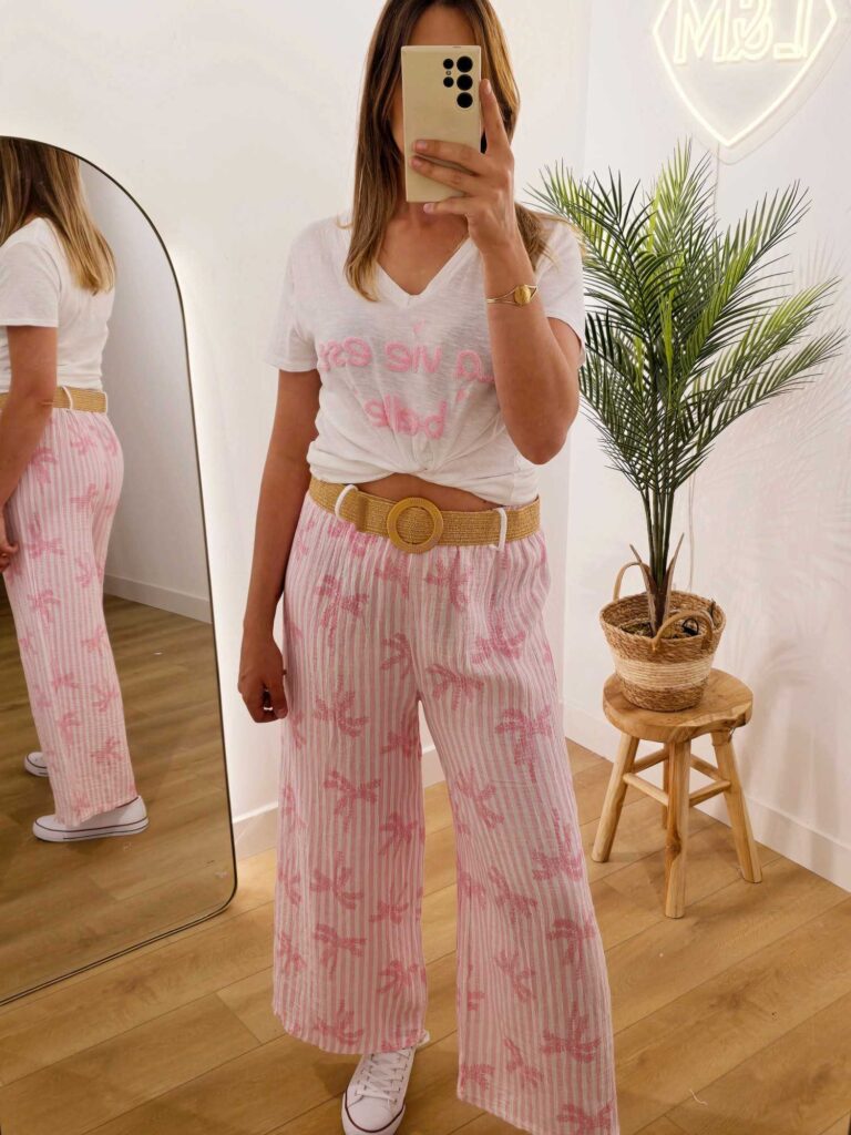 Pantalon gaze de coton rayé multi palmiers