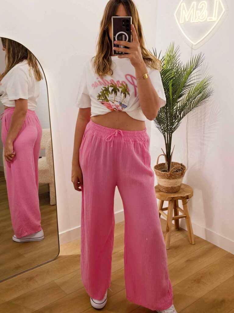 Pantalon gaze de coton uni taille élastique