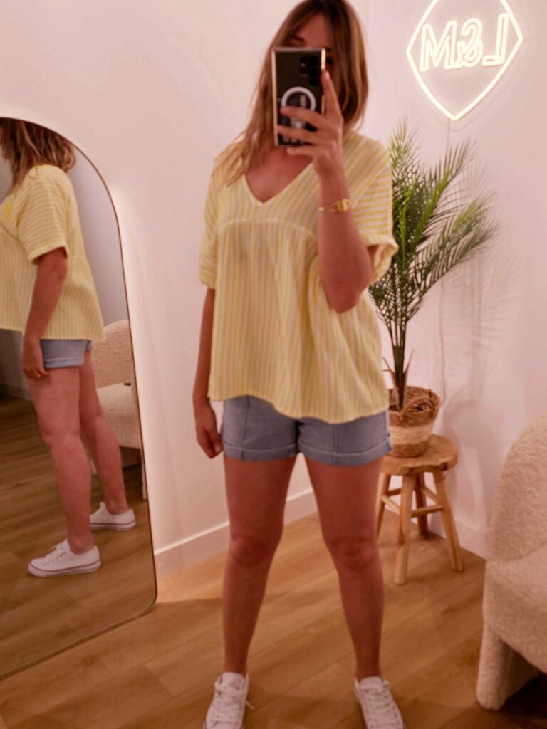 Blouse rayée col V gaze de coton palmier