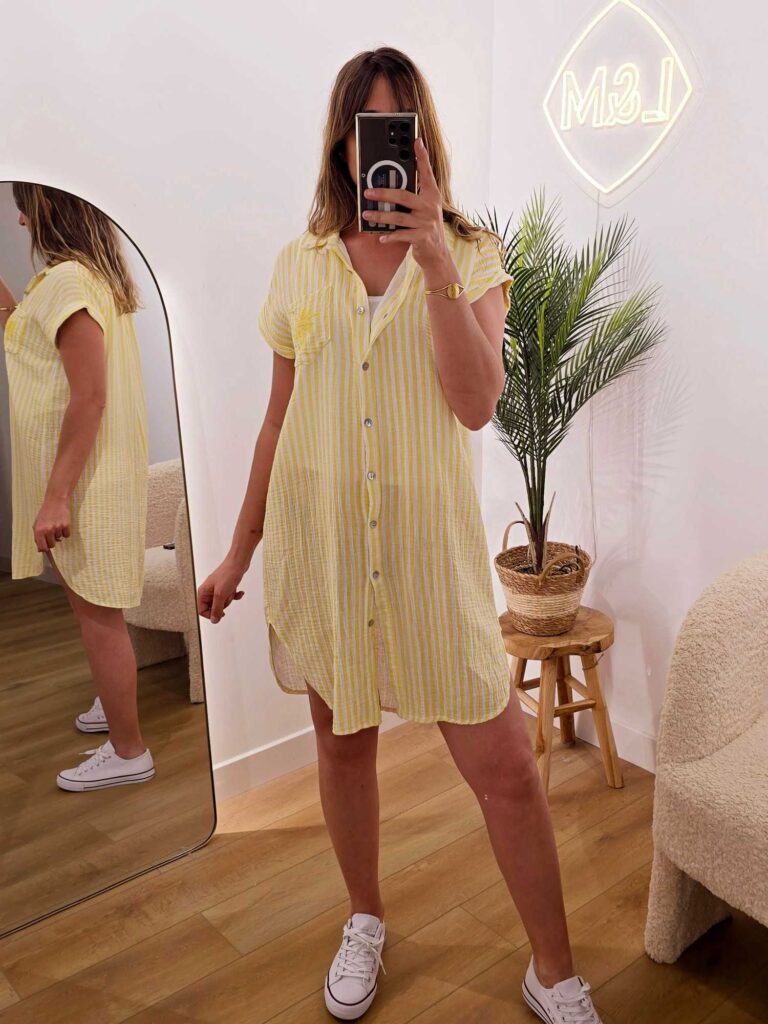 Robe chemise rayée gaze de coton palmier sur poche