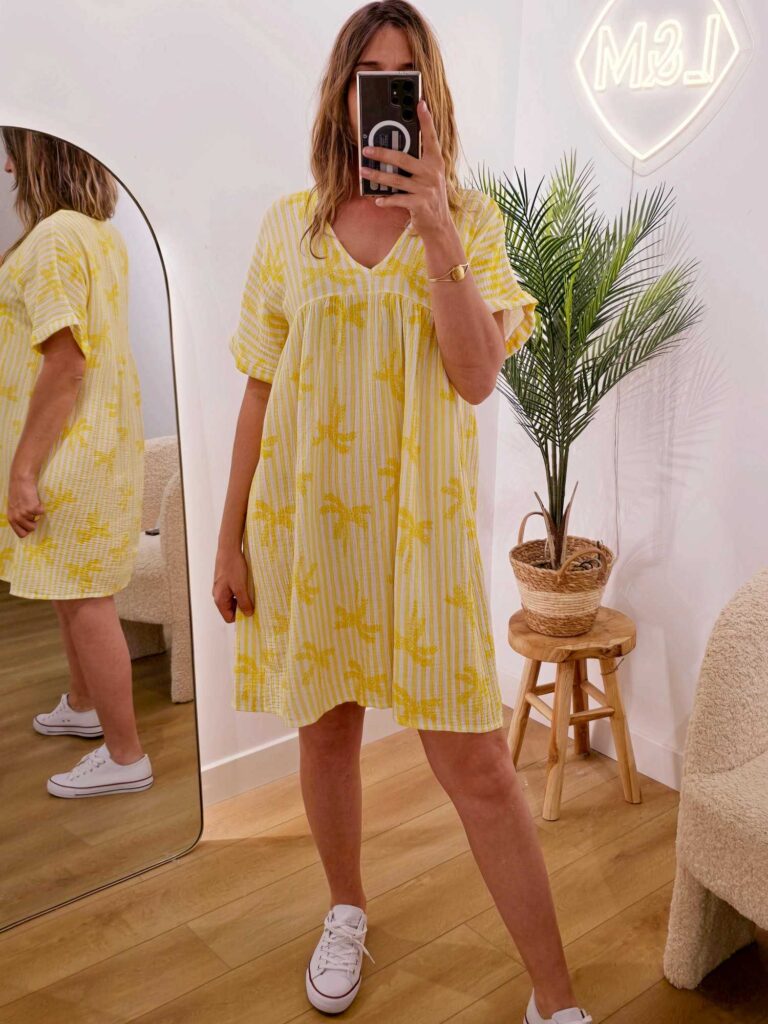 Robe courte gaze de coton palmiers