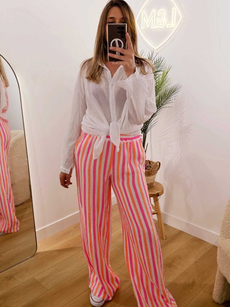 Pantalon gaze de coton rayures fluo