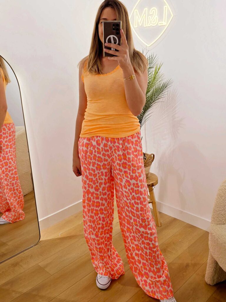 Pantalon gaze de coton imprimé léopard fluo