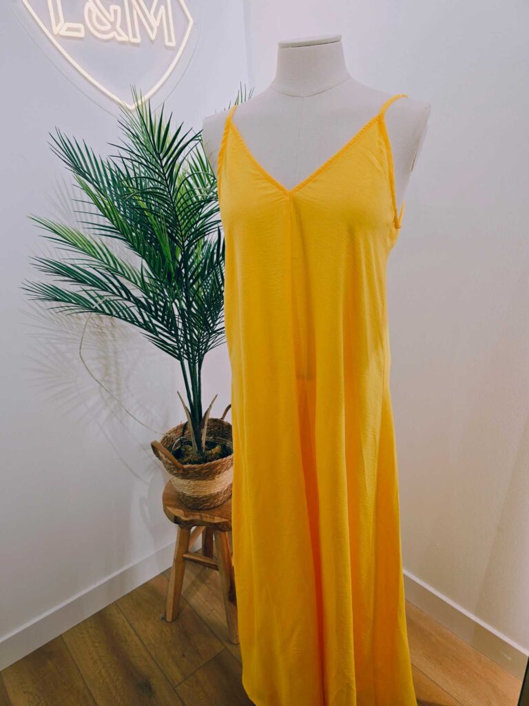 Robe longue col V dos nu unie
