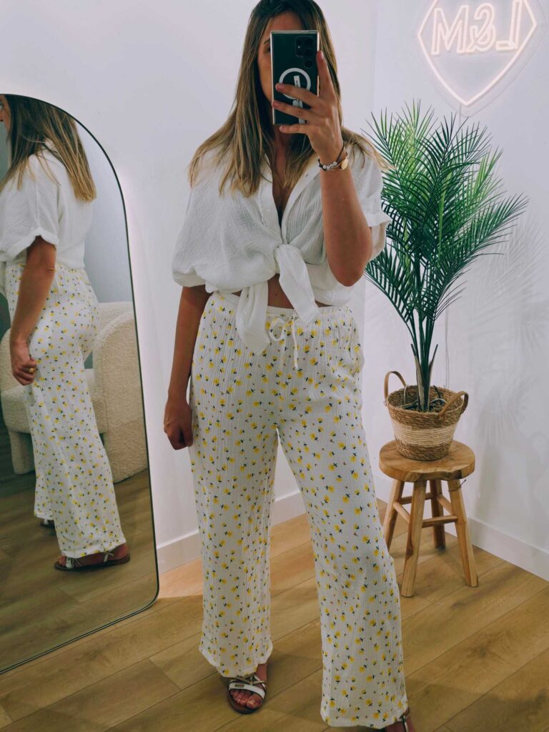 Pantalon gaze petites fleurs jaunes