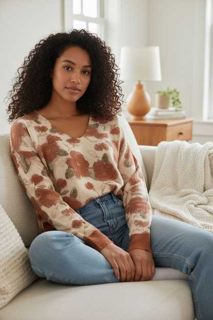 Pull doux fleurs terracotta