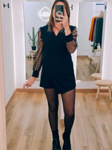 Combinaison noire manches plumetis femme Combinaison noire manches plumetis