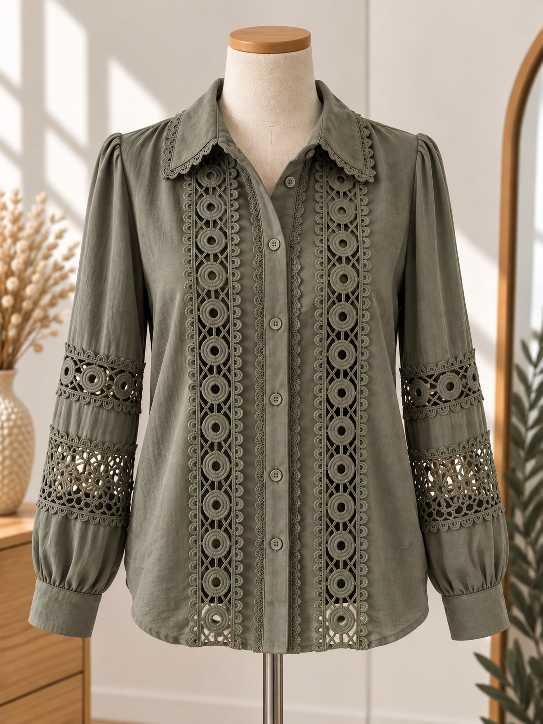 Chemise Brodée Détails Dentelle